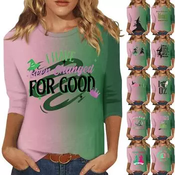 Женская модная повседневная футболка с круглым вырезом и принтом «Bad Witch» с семью рукавами L армия зеленый