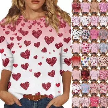 Женская модная повседневная футболка с круглым вырезом и принтом ко Дню святого Валентина, семь рукавов L розовый