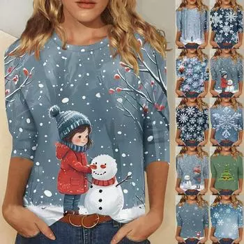 Женская модная повседневная футболка с круглым вырезом и рождественским принтом, семь рукавов XXXL