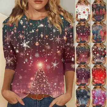 Женская модная повседневная футболка с круглым вырезом и рождественским принтом, семь рукавов XL