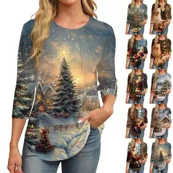 Женская модная повседневная футболка с круглым вырезом и рукавом семь четвертей в стиле ретро с принтом, плиссированная футболка XL