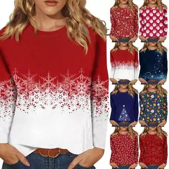 Женская модная повседневная футболка с круглым вырезом и рождественским принтом и длинными рукавами S тёмно-синий