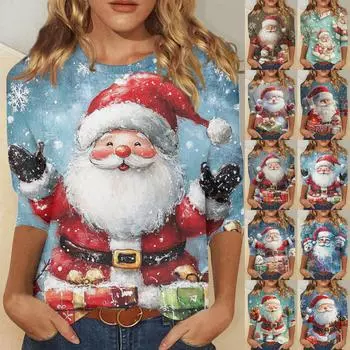 Женская модная повседневная футболка с круглым вырезом и рождественским принтом, семь рукавов M