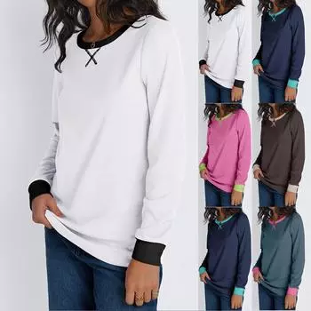 Женская модная повседневная футболка с круглым вырезом и длинным рукавом в стиле пэчворк, удобный топ L кофейный