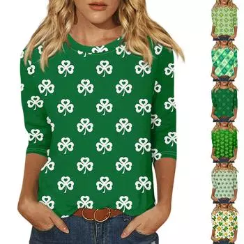 Женская модная повседневная футболка с круглым вырезом и рукавом 3/4, свободная футболка с принтом ко Дню Святого Патрика, женская футболка XL зелёный