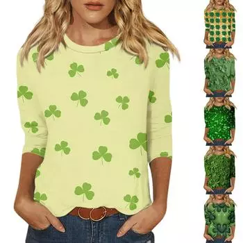 Женская модная повседневная футболка с круглым вырезом и рукавом 3/4, свободная футболка с принтом ко Дню Святого Патрика, женская футболка M