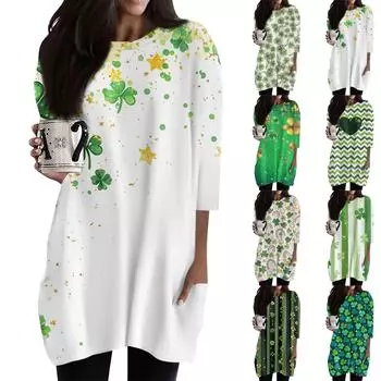 Женская модная повседневная футболка с круглым вырезом и принтом, рукавом 3/4, двойным карманом XXXL