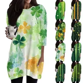 Женская модная повседневная футболка с круглым вырезом и принтом, рукавом 3/4, двойным карманом XXXL