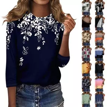 Женская модная повседневная футболка с круглым вырезом и рукавом реглан, рукав 3/4 с принтом, топ XXL синий