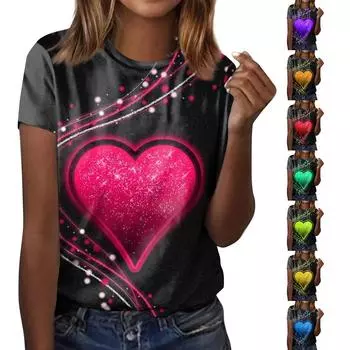 Женская модная повседневная футболка с круглым вырезом и коротким рукавом с принтом ко Дню Святого Валентина L синий