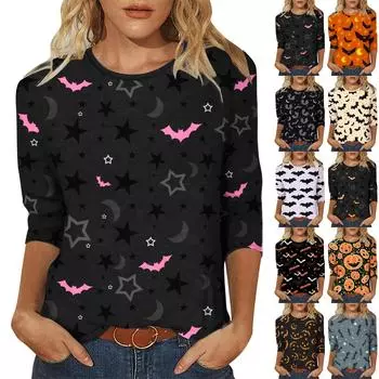 Женская модная повседневная футболка с круглым вырезом и принтом на Хэллоуин с семью рукавами, топ M чёрный