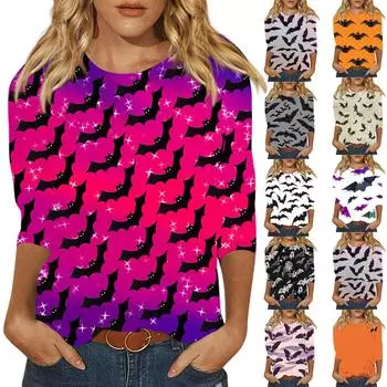 Женская модная повседневная футболка с круглым вырезом и принтом на Хэллоуин с семью рукавами, топ XXXL оранжевый