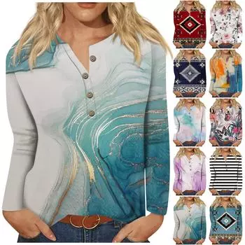 Женская модная повседневная футболка с круглым вырезом и длинными рукавами с принтом и пуговицами, топ XL тёмно-синий