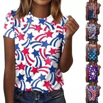 Женская модная повседневная футболка с круглым вырезом и коротким рукавом с принтом ко Дню независимости L синий