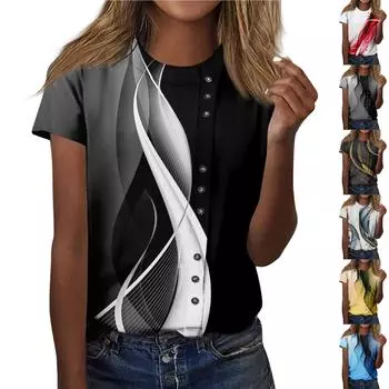 Женская модная повседневная футболка с круглым вырезом и декоративными пуговицами с короткими рукавами и топом L красный