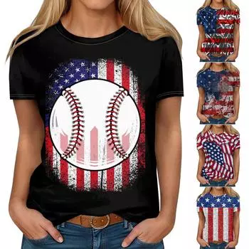 Женская модная повседневная футболка с круглым вырезом и коротким рукавом с принтом ко Дню независимости L чёрный