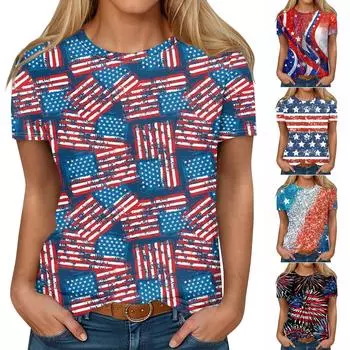 Женская модная повседневная футболка с круглым вырезом и коротким рукавом с принтом ко Дню независимости L синий