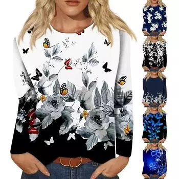 Женская модная повседневная футболка с круглым вырезом и длинным рукавом с принтом, топ L чёрный