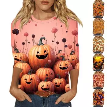 Женская модная повседневная футболка с круглым вырезом и принтом на Хэллоуин с семью рукавами, топ XXL жёлтый