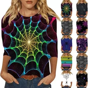 Женская модная повседневная футболка с круглым вырезом и принтом на Хэллоуин с семью рукавами, топ L