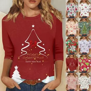 Женская модная повседневная футболка с круглым вырезом и рождественским принтом, семь рукавов M бежевый