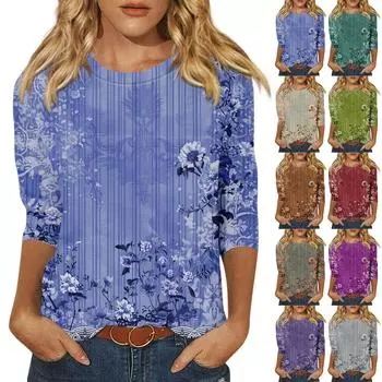 Женская модная повседневная футболка с круглым вырезом и рукавами 3/4 с принтом, топ XXL