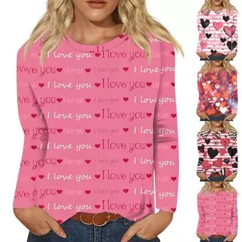 Женская модная повседневная футболка с круглым вырезом и длинным рукавом, топ с принтом «День Святого Валентина и любовь» L красный