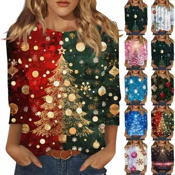 Женская модная повседневная футболка с круглым вырезом и рукавом три четверти с рождественским принтом XXL