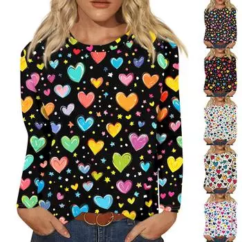 Женская модная повседневная футболка с круглым вырезом и длинным рукавом, топ с принтом «День Святого Валентина и любовь» XXXXXL синий
