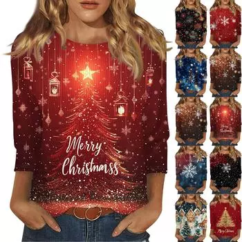 Женская модная повседневная футболка с круглым вырезом и рукавом три четверти с рождественским принтом L синий