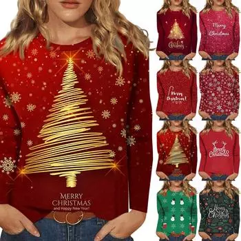 Женская модная повседневная футболка с круглым вырезом и рождественским принтом и длинными рукавами M
