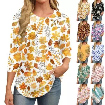 Женская модная повседневная футболка с круглым вырезом и рукавом семь четвертей в стиле ретро с принтом, плиссированная футболка XXXL синий