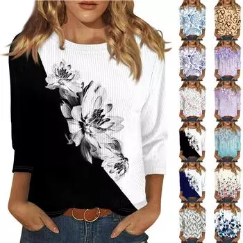 Женская модная повседневная футболка с круглым вырезом и рукавом три четверти с принтом, топ L бежевый