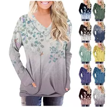 Женская модная повседневная футболка с круглым вырезом и принтом, длинными рукавами и карманами S зелёный