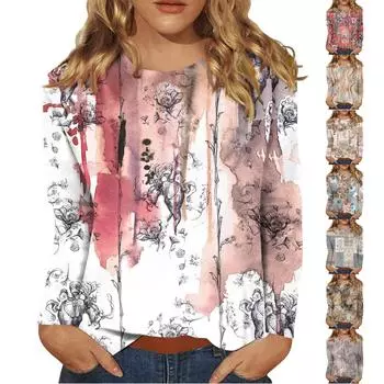 Женская модная повседневная футболка с круглым вырезом и длинным рукавом с принтом, топ XL