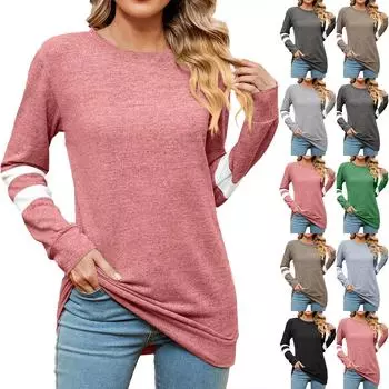 Женская модная повседневная футболка с круглым вырезом, цветной коллизионный свободный топ с длинными рукавами L чёрный