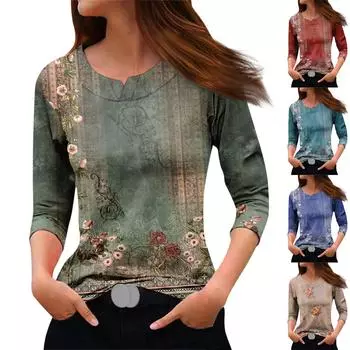 Женская модная повседневная футболка с круглым вырезом и рукавами 3/4 с принтом, топ L