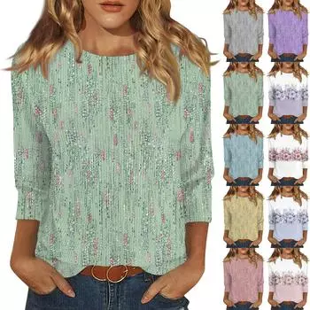 Женская модная повседневная футболка с круглым вырезом и рукавом три четверти с принтом, топ L зелёный