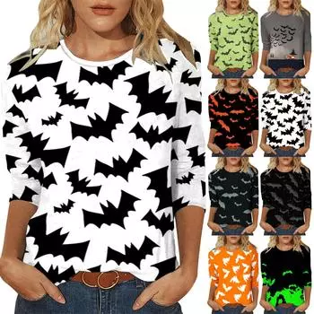 Женская модная повседневная футболка с круглым вырезом и принтом на Хэллоуин с семью рукавами, топ XXXL шафрановый