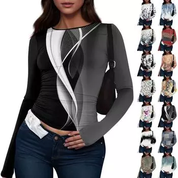 Женская модная повседневная футболка с круглым вырезом и длинным рукавом с принтом L чёрный