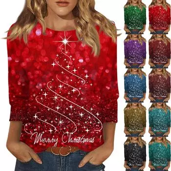 Женская модная повседневная футболка с круглым вырезом и рукавом три четверти с рождественским принтом L чёрный