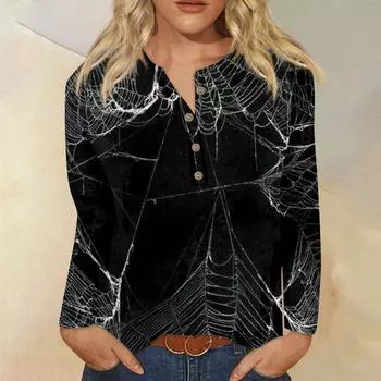 Женская модная повседневная футболка с круглым вырезом и длинными рукавами на Хэллоуин с принтом на пуговицах Топ M