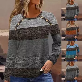 Женская модная повседневная футболка с круглым вырезом и длинным рукавом с пуговицами L синий