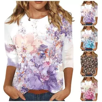 Женская модная повседневная футболка с круглым вырезом и пуловером с седьмым рукавом и принтом L