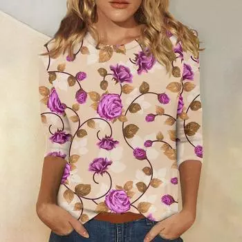 Женская модная повседневная футболка с круглым вырезом и рукавом три четверти с принтом из свежих цветов, летние повседневные и универсальные топы для поездок на работу S