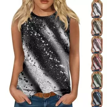 Женская модная повседневная футболка с круглым вырезом без рукавов с градиентным принтом, жилет, топ M синий