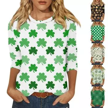 Женская модная повседневная футболка с круглым вырезом и рукавом 3/4, свободная футболка с принтом ко Дню Святого Патрика, женская футболка XL белый