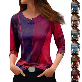 Женская модная повседневная футболка с круглым вырезом и рукавами 3/4 с принтом, топ L синий