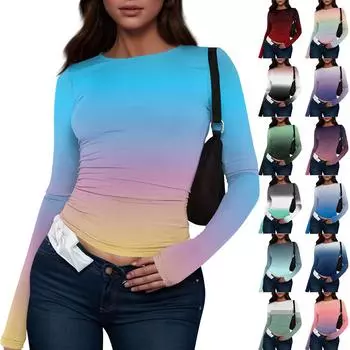 Женская модная повседневная футболка с круглым вырезом и длинным рукавом с принтом L синий