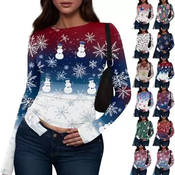 Женская модная повседневная футболка с круглым вырезом и рождественским принтом с длинным рукавом XS